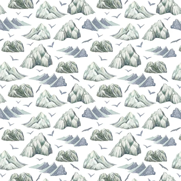 Watercolor winter mountains seamless pattern. Hand painted high frozen mountain peaks with flying birds isolated on white background. Nordic scandinavian design in blue and gray color for wrapping