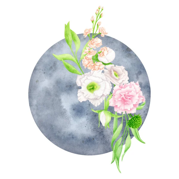 Watercolor floral full moon. Hand drawn round blue moon phase with flower bouquet isolated on white background. Mystical celestial arrangement. Feminine lunar print.