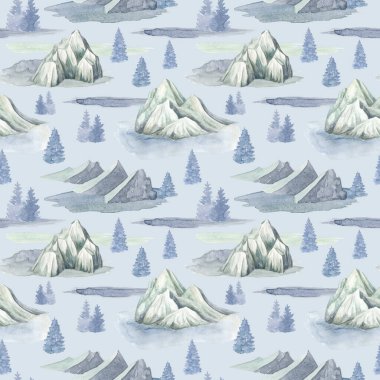 Watercolor winter mountains landscape seamless pattern. Hand painted mountain range, blue spruce trees and splash textures on foggy gray background. Nordic nature illustration design