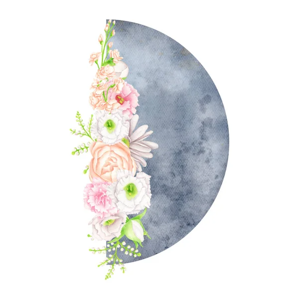 Watercolor floral moon illustration. Mystical blue first quarter moon phase with flowers isolated on white background. Celestial lunar arrangement. Feminine print for cards, logo, poster, invitations