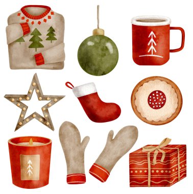 Suluboya Noel rahat ev seti. El yapımı hediye kutusu, mum, kurabiye, köknar ağacı, kakao kupası, eldiven, çorap, beyaz arka planda izole edilmiş ahşap yıldız. Yeni Yıl Tatili Dekorasyonu