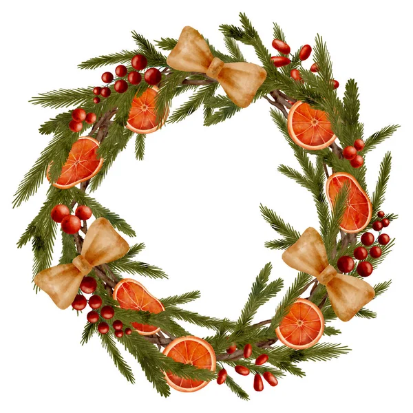 Watercolor Christmas Wreath Fir Branches Red Berries Dried Orange Slices — Stock Photo, Image