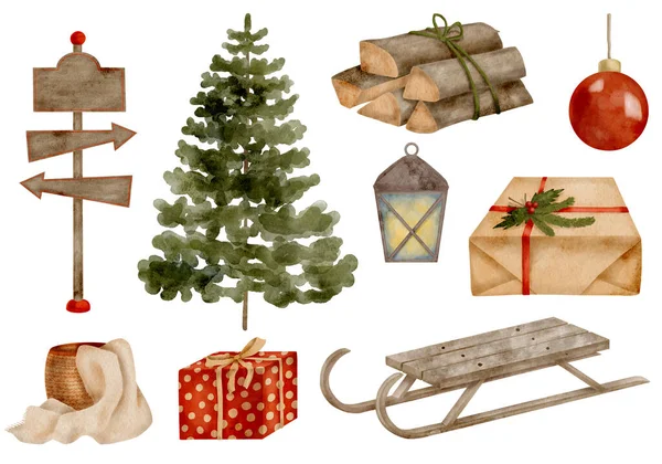 水彩画圣诞元素设置 手绘冷杉 木制指针 礼品盒 木柴堆 圣诞树球 白色背景隔离 新年装饰品 — 图库照片