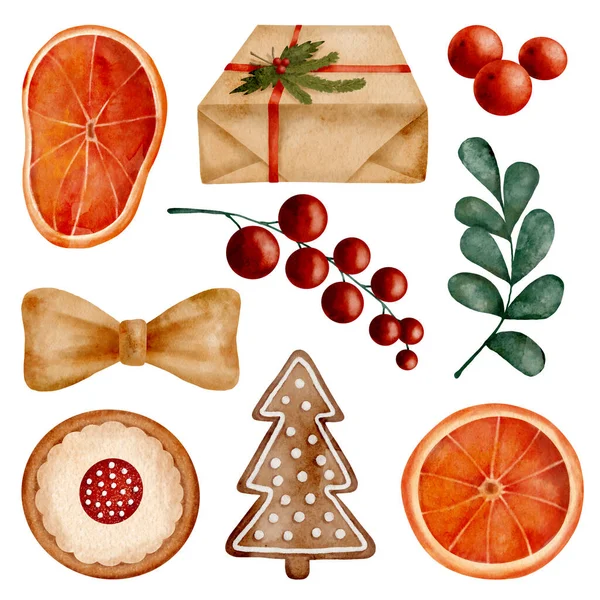 Conjunto Clipart Natal Aquarela Biscoito Gengibre Desenhado Mão Caixa Presente — Fotografia de Stock