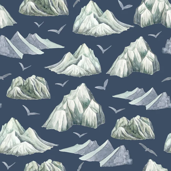 水彩山无缝图案 手绘灰色的山峰 鸟群在深蓝色背景下飞翔 北欧丑闻的设计 冬季反复说明 — 图库照片