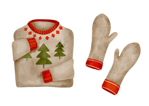 Akwarela Składany Świąteczny Sweter Rękawiczki Zestaw Ręcznie Rysowane Przytulne Zimowe — Zdjęcie stockowe