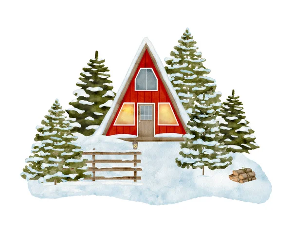 Aquarel Rood Hout Cabine Winter Bos Illustratie Handgetekend Modern Driehoekig — Stockfoto