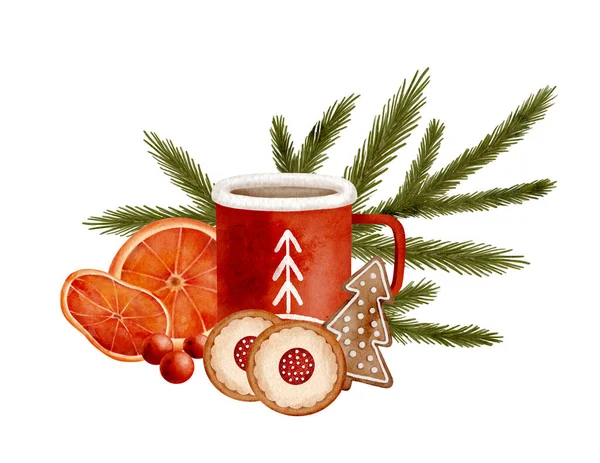 Aquarel Kerstmis Warme Drank Compositie Handgetekende Winter Cacao Mok Arrangement — Stockfoto
