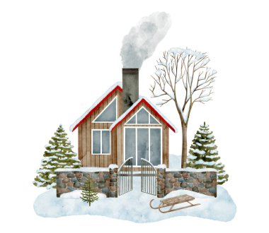 Suluboya kış evi sahnesi. Baca dumanı, kar yığınları, taş duvar çitleri, beyaz arka planda karlı köknar ağaçları olan el yapımı ahşap kulübe. Noel kır evi illüstrasyonu