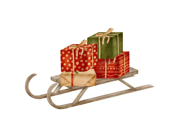 Aquarell Weihnachtsschlitten Mit Geschenkboxen Handgezeichneter Holzschlitten Des Weihnachtsmannes Mit Geschenken — Stockfoto