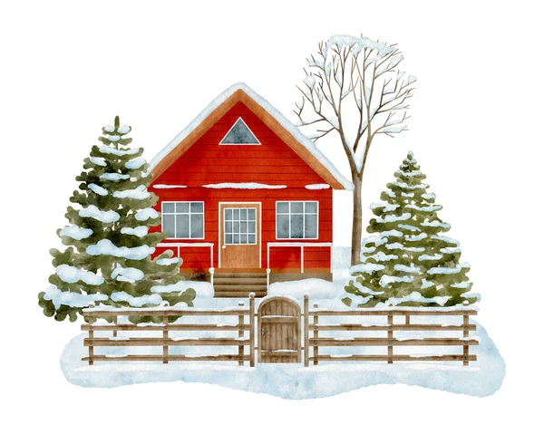 Aquarel Winter Huis Landschap Met Hand Beschilderde Rode Houten Hut — Stockfoto