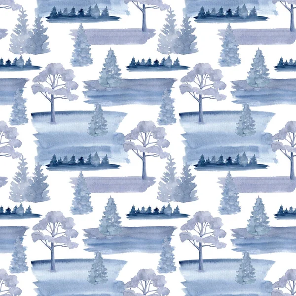 Watercolor Foggy Forest Seamless Pattern Hand Drawn Monochrome Blue Trees — Φωτογραφία Αρχείου