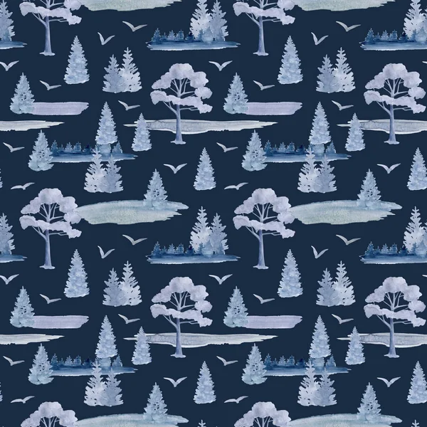 水彩缤纷的冬季森林无缝模式 手绘雪树 鸟在深蓝色的背景 林地自然反复设计 松树等植物图解 — 图库照片