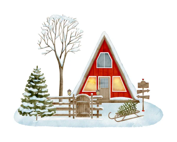 Watercolor winter house illustration. Hand painted modern triangle red cabin with wooden fence and snowy fir tree isolated on white background. Cozy Christmas countryside illustration