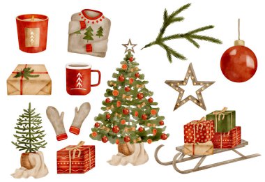 Suluboya Noel unsurları ayarlandı. Sepette el yapımı köknar ağacı, sıcak kakao kupası hediye kutularıyla kızak, mum, süveter, beyaz arka planda izole edilmiş eldivenler. Konforlu yeni yıl tatili