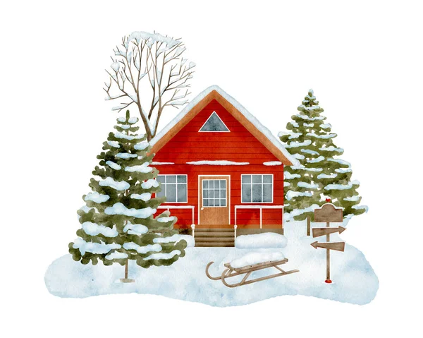 Watercolor winter house landscape. Hand drawn wood cottage in the woods with sledge and snowy fir trees isolated on white background. Christmas illustration. Cute red cabin for cards, design