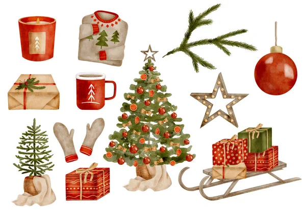 Suluboya Noel unsurları ayarlandı. Sepette el yapımı köknar ağacı, sıcak kakao kupası hediye kutularıyla kızak, mum, süveter, beyaz arka planda izole edilmiş eldivenler. Konforlu yeni yıl tatili