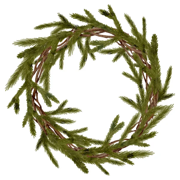 Aquarell Weihnachtskranz Mit Immergrünen Tannenzweigen Auf Weißem Hintergrund Wintergrüne Randbepflanzung — Stockfoto