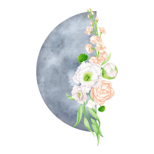 Watercolor floral moon illustration. Hand drawn blue last quarter moon phase with flower bouquet isolated on white background. Celestial lunar arrangement. Mystical print for cards, logo, poster