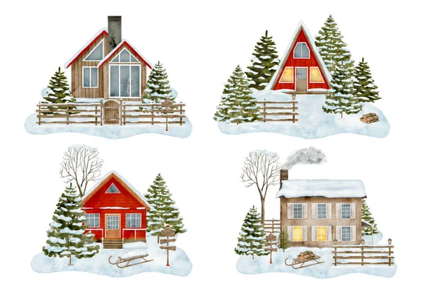 Aquarel Set Van Winter Huis Illustraties Handgetekend Modern Houten Huisje — Stockfoto