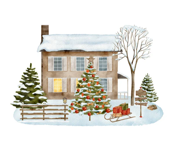 Aquarel Kerst Huis Illustratie Handgetekend Winterhuisje Met Versierde Kerstboom Slee — Stockfoto