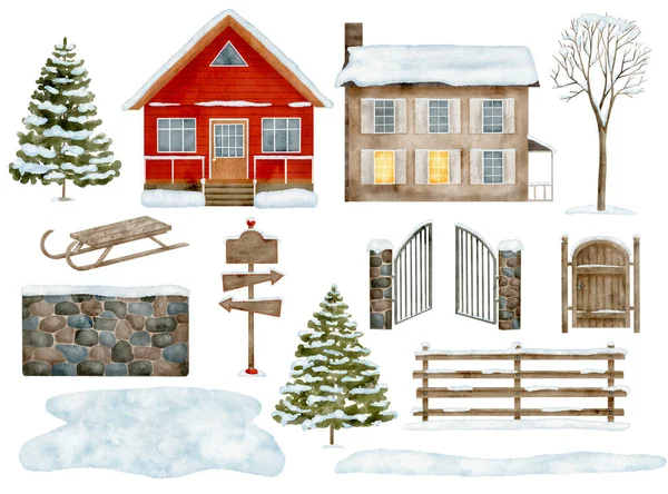 Akwarela Domy Zimowe Krajobraz Zestaw Ręcznie Rysowane Drewniany Domek Ogrodzenie — Zdjęcie stockowe