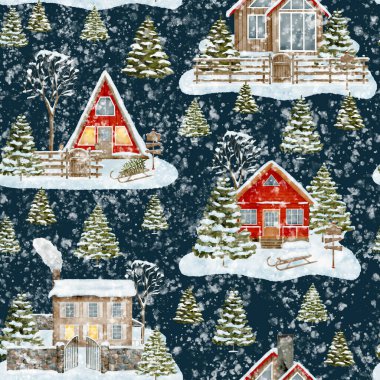 Kışlık evlerle suluboya Noel gecesi kusursuz desen. Elle boyanmış ahşap kulübeler, düşen kar, çitler ve koyu mavi arka planda köknar ağaçları. Paketleme için samimi köy tasarımı