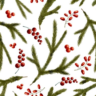 Suluboya Noel kusursuz desen. El çizimi köknar ağacı dalları ve beyaza izole edilmiş kırmızı böğürtlen. Kış yeşilliği tekrarlanmış arka plan. Paketleme ve kartlar için yeni yıl tatili tasarımı