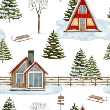 Kırsal evlerde suluboya, dikişsiz kış deseni. Elle boyanmış ahşap kulübeler ve beyaza izole edilmiş karlı köknar ağaçları. Kumaş ve tekstil için rahat Noel arkaplan tasarımı