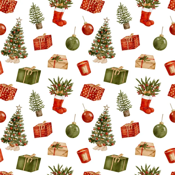 Υδατογραφία Χριστούγεννα Αδιάλειπτη Μοτίβο Χειροποίητο Χριστουγεννιάτικο Δέντρο Κουτιά Δώρων Και — Φωτογραφία Αρχείου