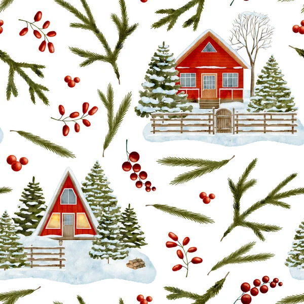 Aquarel Winter Naadloos Patroon Met Landelijke Huizen Sparren Takken Rode — Stockfoto