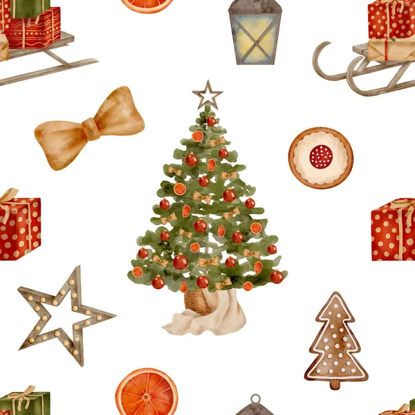 水彩クリスマスシームレスパターン 手は白い背景に隔離されたギフトボックス ランタン クッキーと装飾されたクリスマスツリー 木のそりを描きました お正月飾りのデザイン — ストック写真