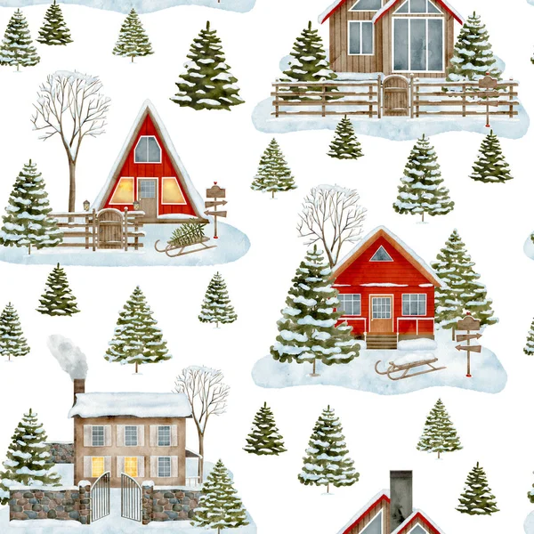 Akwarela Christmas Bezszwowy Wzór Domów Zimowych Ręcznie Malowane Drewniane Kabiny — Zdjęcie stockowe