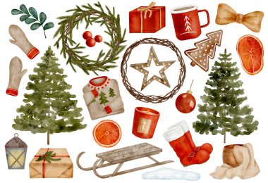 Suluboya Noel unsurları ayarlandı. El yapımı köknar ağacı, çelenk, hediye kutuları, kızak, mum, zencefilli kurabiye, süveter, beyaz arka planda izole edilmiş kurdele yayı. Yeni yıl süslemeleri