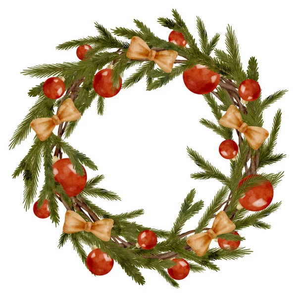 Watercolor Winter Wreath Fir Branches Red Christmas Tree Balls Golden — Stock Photo, Image