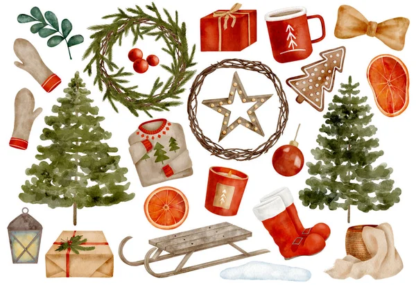 Conjunto Elementos Natal Aquarela Árvore Abeto Desenhado Mão Grinalda Caixas — Fotografia de Stock