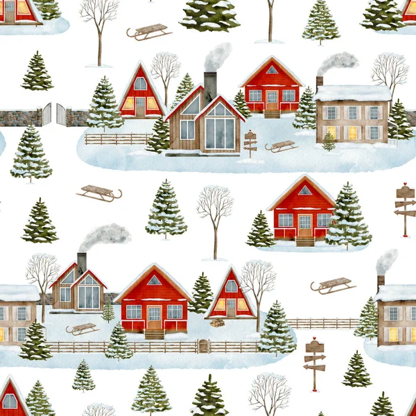 Kışlık Evlerle Suluboya Noel Desenleri Elle Boyanmış Ahşap Kulübeler Beyaza — Stok fotoğraf