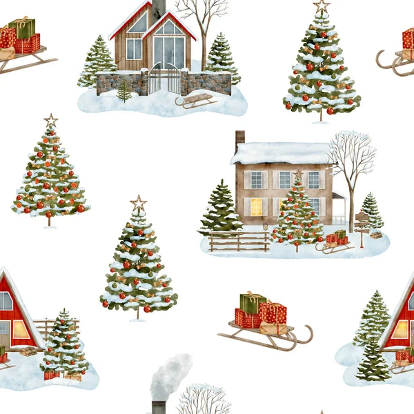 Akwarela Christmas Bezszwowy Wzór Domów Zimowych Ręcznie Malowane Drewniane Kabiny — Zdjęcie stockowe