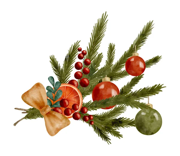 Aquarel Kerstboom Tak Illustratie Met Hand Getekende Dennenboom Met Decoratieballen — Stockfoto