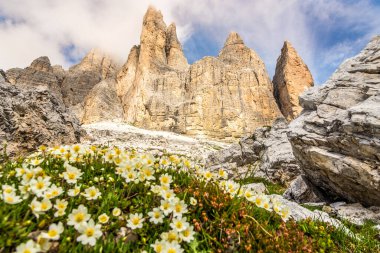 İtalyan Dolomitleri 'ndeki Tre Cime di Lavaredo' daki yamadan dağlara bakın.