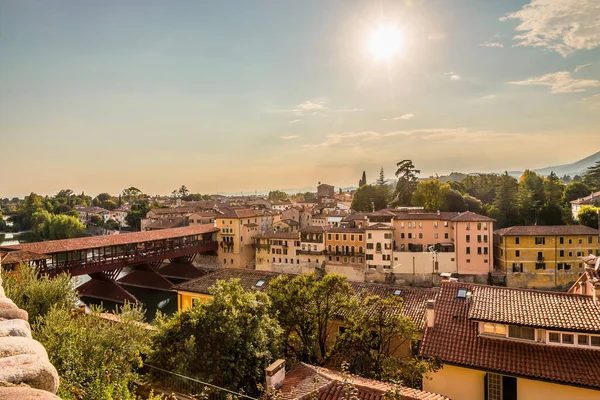 Kvällsutsikt Över Bron Vecchio Över Floden Brenta Bassano Del Grappa — Stockfoto