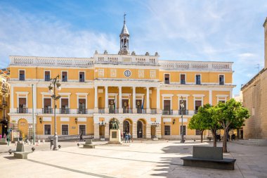 BADAJOZ, İSPA - 25 Mayıs 2022 - Badajoz sokaklarındaki belediye binasında manzara. Badajoz, Portekiz sınırına yakın, Guadiana nehrinin sol kıyısında yer almaktadır..