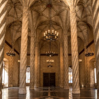 View at the Interior of Column saloon of Llotja de la Seda in the streets of Valencia - Spain