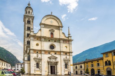 TIRANO,ITALY - JUNE 22,2022 - View at the building of the Basilica of Madonna di Tirano. Tirano is a town in Valtellina, located in the province of Sondrio in northern Italy.