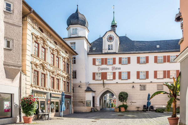 ROSENHEIM,GERMANY - JULY 3,2022 - View at the buildings at Max-Josefs place in Rosenheim. Rosenheim is a city in Bavaria, Germany.
