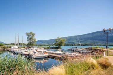 CONJUX, FRANCE - JUNE 25,2022 - View at the Boats Port at Bourget Lake in Conjux. Conjux is a commune in the Savoie department in the Auvergne-Rhone-Alpes region in southeastern France.