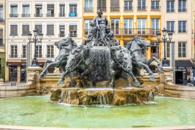 LYON, FRANCE - JUNE 26,2022 - View at the Bertholdi fountain in Lyon. Lyon is the third-largest city and second-largest metropolitan area of France.