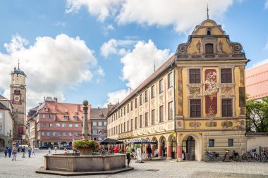 MEMMINGEN,GERMANY - AUGUST 28,2022 - View at the Market place in Memmingen. Memmingen is a town in Swabia, Bavaria, Germany.