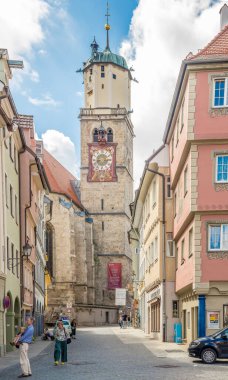 MEMMINGEN,GERMANY - AUGUST 28,2022 - View at the Bell tower of Saint Martin church in Memmingen. Memmingen is a town in Swabia, Bavaria, Germany.