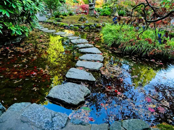 Bright Deep Vibrant Autumn Colors Park Stepping Stones Pond — Stock Photo, Image